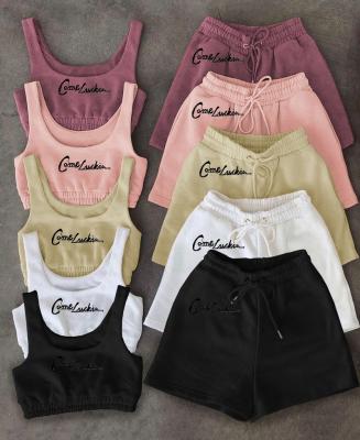 China Custom Logo QUICK DRY 2022 Summer Apparel Biker Girl Crop Tops With Two Piece Short Pants Jogger Running Set For Woman for sale