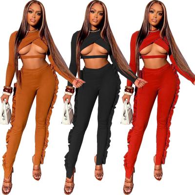 China New Arrivals Breathable Women Sets Women Sweatsuit Set Tracksuit Clothing Cross Two Piece Wrap Tops Ruffled Pants Women 2 Piece Set Spring for sale