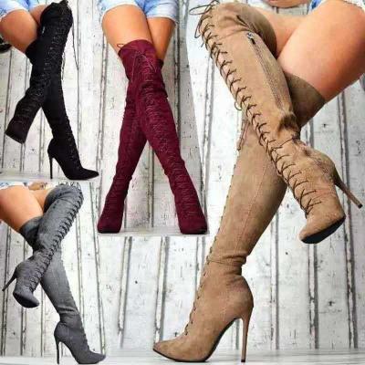 China Other Front Lace Up Women Over The Knee High Boots Sexy Thigh High Suede Zipper Side High Boots For Women Size 43 Thin Heel Tall for sale