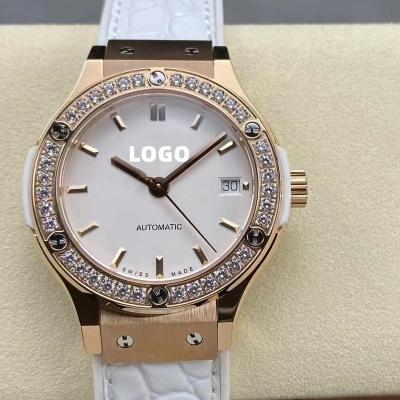 China Classic Rose Gold Diamond Crystal Ladies Watch From Factory New 38mm Mechanical Waterproof Alarm HUB1110 Automatic Movement HB Watch for sale