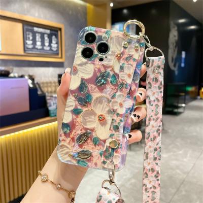 China Women's Lanyard Case Drop-proof Diamond Camellia Oil Painting Strap Shockproof Phone Case For iphone14plus xs xr7/8plus 13 Promax for sale