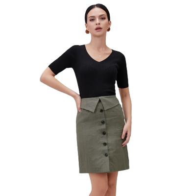 China Spring Autumn Fashion Ladies Button Front Midi Closure 100% Self Foldover Waist Anti-Static Canvas Short Skirt For Women for sale