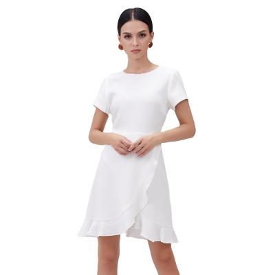 China Spring Summer Ladies Anti-Wrinkle Dress O-Neck Ruffle Detail Short Sleeve One-Line Dress For Women for sale