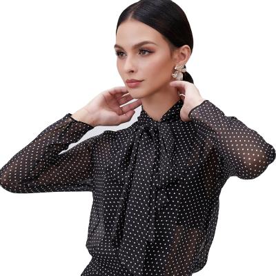 China Fashion Ladies Fashion Anti-pilling Georgette Polka Dot Silk Print Elegant O-neck Long Sleeve Lace Up Waist Midi Dress For Women for sale