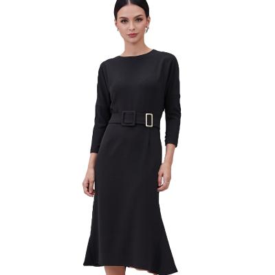 China Factory Wholesale Elegant Women Anti-Static Round Neck Belted Waist Ladies Long Sleeve A Line Dress for sale