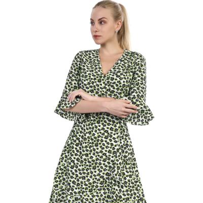 China Anti-Static Ladies Deep V-Neck Floral Print Dress Women Ruffles Long Sleeve Midi Dress for sale