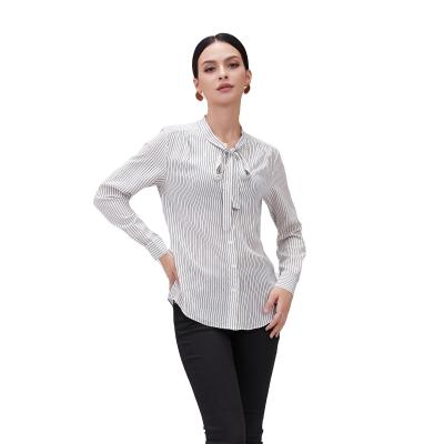 China Factory Wholesale Anti-pilling Office Lady Elegant Tie Neck Striped Shirt Long Sleeve Women Silk Blouse for sale