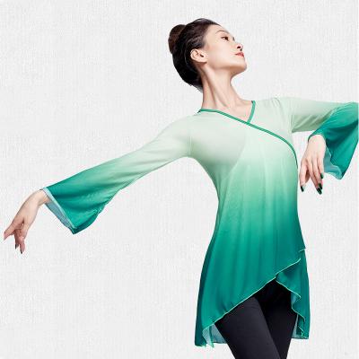 China Classical Clothes Women's Dance Practice Stretch Mesh Trumpet Sleeve Elegant Ballet Tops Adults National Rhyme Dance Tops for sale