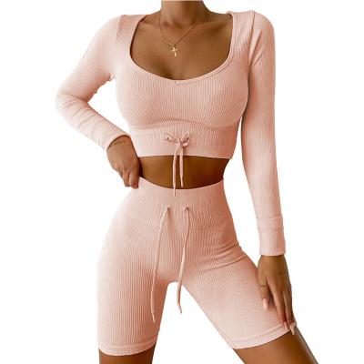 China Breathable Two Piece Women Clothing Ribbed Seamless Leggings Set Yoga Shorts Sweatshirt Sets And Leggings Set for sale