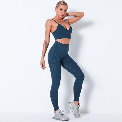 China Waist Two Piece High Hip Sports Yoga Bra Set Fitness Yoga Pants Breathable Seamless Knitting Lifting Set for sale