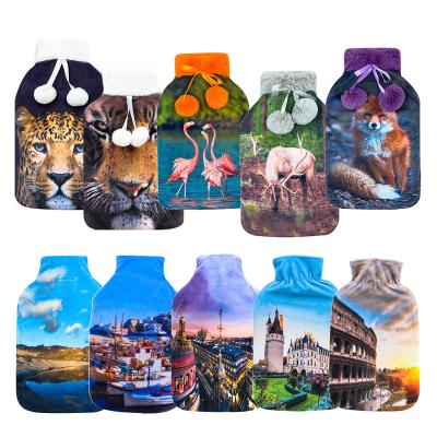 China Preserving Custom Hot Free Sample 2L BS Rubber Hot Bottles With Printed Picture Cover for sale