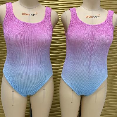 China Good Breathable Hot Selling Pink Blue Gradient Stretch Cotton Seersucker Tiedye Pleat Swimwear (one size fit all) for sale