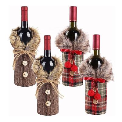 China Christmas Home Decor in Christmas Stocking Decorations Plaid Christmas Wine Canvas Gift Bags with Collar Button Christmas Wine Bottle Cover for sale