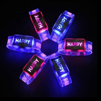 China 2021 PVC Gift Hot Top Size Adjustable Wristband Movement Activated Child Flashing Happy Led Wristband for sale