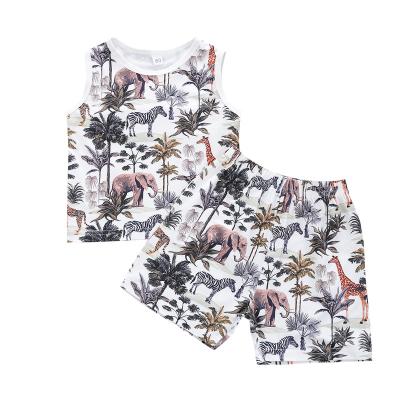 China Wholesale Quantity Cotton Breathable Summer Baby Boy Girls Clothing Unisex Sleeveless Short Shorts Invest Forest Animal Printing White Suit for sale