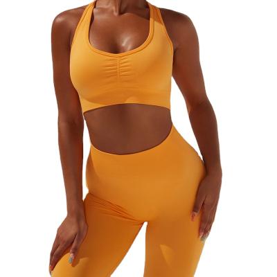 China Sweat-Wicking Pleated Beautiful Gym Suit Yoga Bra Butt Lift Shaped Panty Yoga Suit By Back Shockproof Running Gather for sale