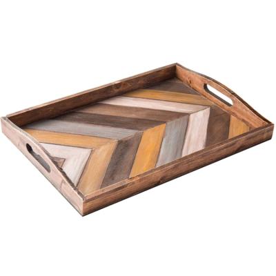 China Eco-Friendly Wood Tier Tray Breakfast Serving Tray Rustic V-Lined Wooden Coffee Tray for sale