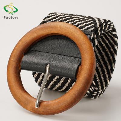 China Western Fashion Western Fashion Pin Buckle Straw Stretch Braided Waist Belt Wooden Women for sale