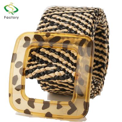 China European Rustic Braided Belt With Wooden Buckle Women Ladies Straw Casual Solid Elastic Woven Belt for sale