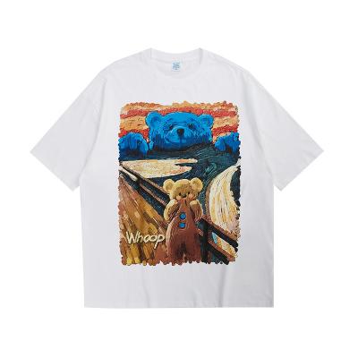 China 2022 Spring New Summer Oil Painting Bear Cartoon Print Design Loose High Quality Anti-wrinkle Shorts Sleeved T-shirt Men for sale