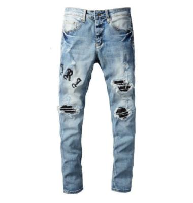 China Custom Logo Print Embroidery Solid Pattern High Street Fashion Men's Casual Skinny Straight Ripped Jeans Wholesale OEM QUICK DRY for sale