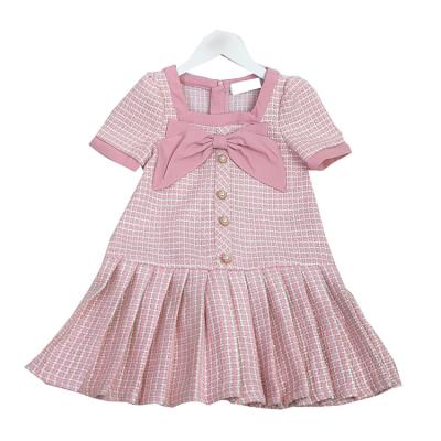 China Summer Washable Dress For Kids Cotton Blend Short Sleeve Girls Dresses Big Check Dress Tooth Dog Bow Decoration Knee-Length Classic Check for sale