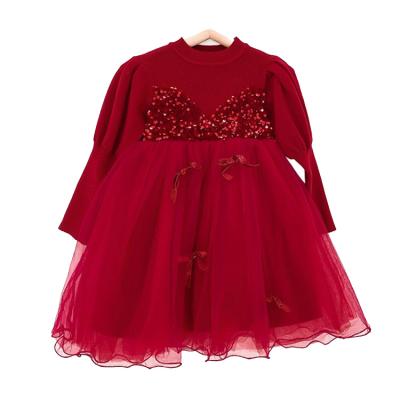 China Washable Spring Autumn Dress for Kids Girls Sheath Knee Length Gauze Ball Gown Long Princess Knitwear Sequins Glitters Bows Dress Party for sale