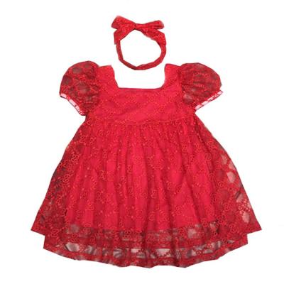 China Washable Kids Clothing Babies Lace Up Soft Dresses Blow Out Dresses Gauze Covering Clothes Short-sleeves With Headband for sale