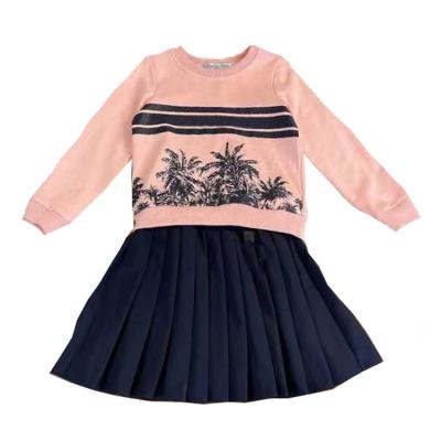 China New Design Spring Autumn Long Sleeve Plant Print Soft Sweater Tops and Pleated Skirt Set Girls Dressing Set Children Clothing for sale