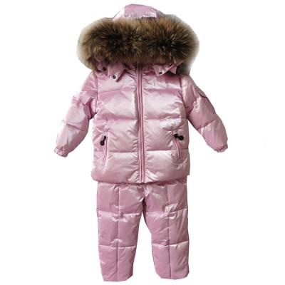 China Anti-wrinkle Winter Kids Wear Clothing Girls White Duck Down Coat Jacket And Wadded Pants Set With Detachable Fur Hoodie NO-clean Pink Dresses for sale