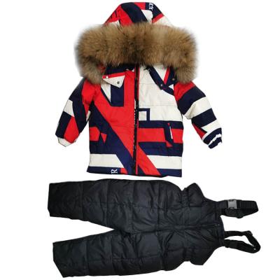 China Anti-wrinkle Winter Kids Wear Girls Clothing White Duck Down Quilted Coat Jacket &Pants Set With Geometric Figure Print& Detachable Fur Hoodie for sale