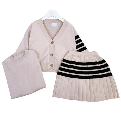 China Breathable Girls Clothes 3 Pieces Girls Clothing Set Wool Blend Cardigan, Sweater Vest And Skirt Set Kids Knitted Wear for sale