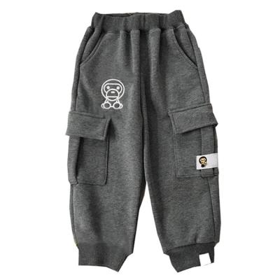 China Anti-pilling Kids Casual Wear Full Cotton Sweatpants With Fleece Liner And Monkey Embroidery Boys Pants&Trousers For Autumn Winter for sale