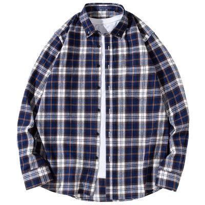 China 2022 new design popular anti-pilling wear soft button down dark blue British style full sleeve windowpane plaid men's casual shirts for sale