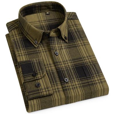 China Cotton Plaid Army Green Long Sleeve Anti-pilling Fit Shirts Regular Male Casual Adults Mens High Quality Casual Perfect Fit Shirts for sale