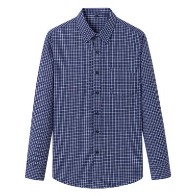 China Anti-pilling Old Adults Anti-Wrinkle Plaid Classic Pattern Old Male Dark Blue Square Small With Pocket Long Sleeve Casual Regular Fit Shirt for sale