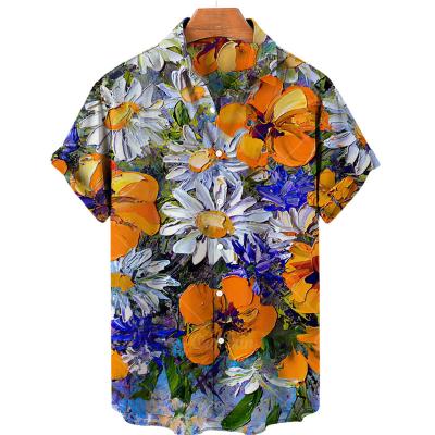 China Anti-pilling Fashion Beach Wear Vacation Summer Digital Printing Quick Dry 100% Polyester Sunflower Male Pattern Short Sleeve Shirt for sale