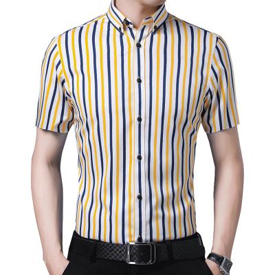 China Factory direct supply fashion striped pattern polyester spandex men's formal anti-pilling shirts breathable blue black stretch anti-wrinkle for sale