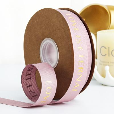 China Viable Wholesale Polyester Grosgrain Ribbon With Logo Foil Gold Printed For Gift Packing Te koop