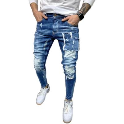 China 2021 Hot Selling Fashion Mens Patches Breathable Skinny Jeans Street Wear Blue Ripped Jeans Men for sale