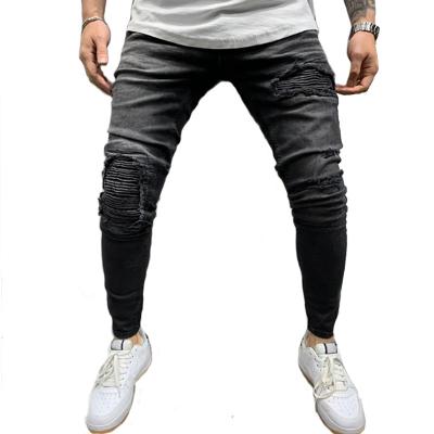 China Waterproof 2021 new product fashion high quality wrinkled ripped knee slope pocket color men's biker jeans for sale