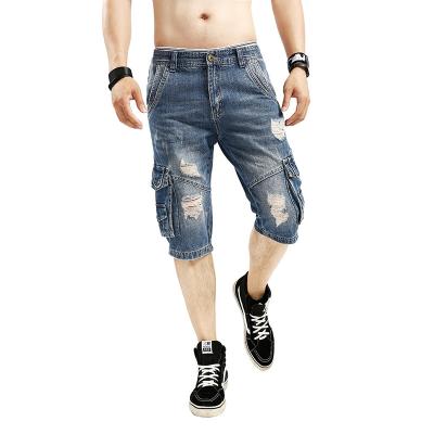 China New Hot Selling Casual Breathable Destroy Loose Mens Jeans Shorts Side Pockets Washed Man Jeans for sale