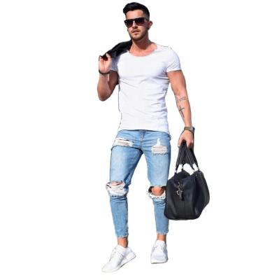 China Breathable Fashion Men Jeans Monkey Wash Light Blue Ripped Slim Jeans Tall for sale