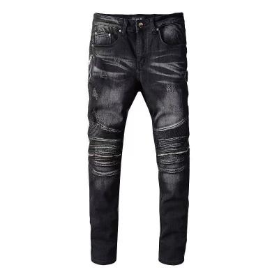 China 2021 New Men's Distressed Side Zipper Knee Jeans Men's Black Distressed Jeans Pants Breathable Slim Men's Jeans for sale