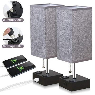 China Modern Gray Fabric Shade Nightstand Lamp With USB Charging Port For Bedroom for sale