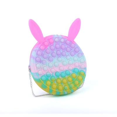 China Eco-friendly Material Stress Relief Toy Rainbow Cartoon Rabbit Cow Deer Push Bubble Noise Stirring Person Toys Bag For Kids Girl Wowen for sale