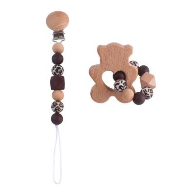 China Soft Toy 2pcs/set Leopard Print Silicone Beads Wooden Beech Teether Bracelet And Baby Pacifier Clip Chain for sale