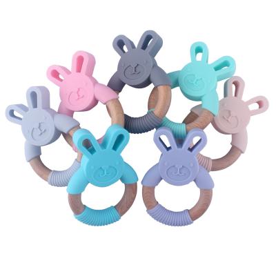 China Toy Food Grade Soft Silicone and Beech Wood Rabbit Teething Ring Toys Baby Teether Wood for sale