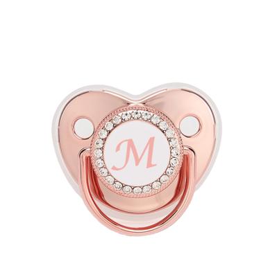 China BPA Free Name Initial Letter Baby Pacifier Cups Lids Rose Gold Newborn BPA Free Silicone Pacifier Holder Teether Baby Shower Gifts for sale