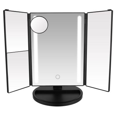 China Touch Screen Tri-fold LED Lighted Makeup Mirror with 1X 2X 3X 10X Magnification for sale